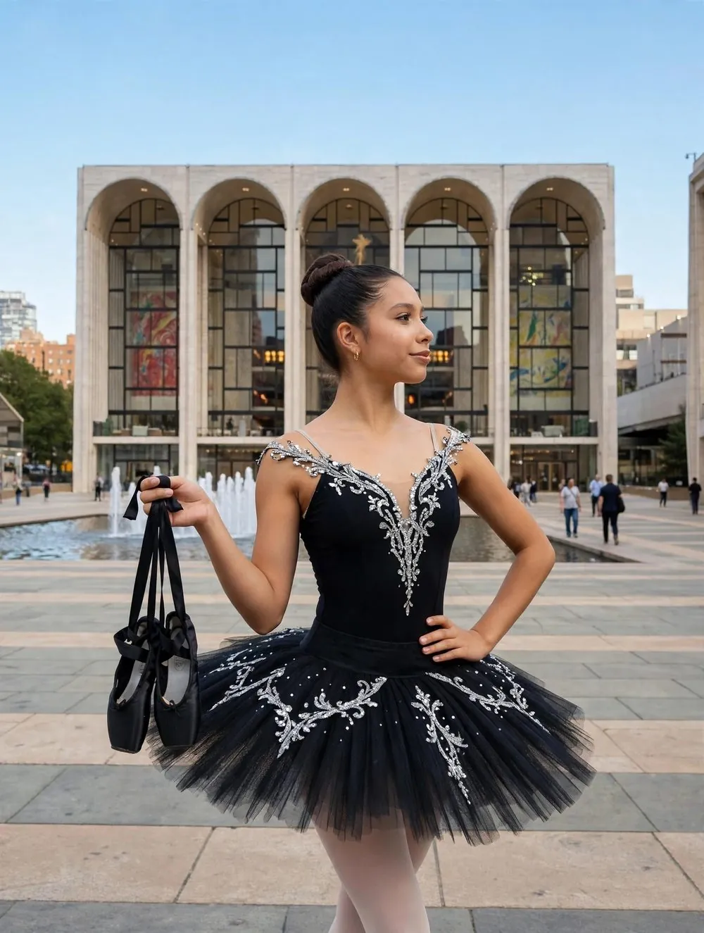 Ruth Valeria con tutú negro frente al Lincoln Center